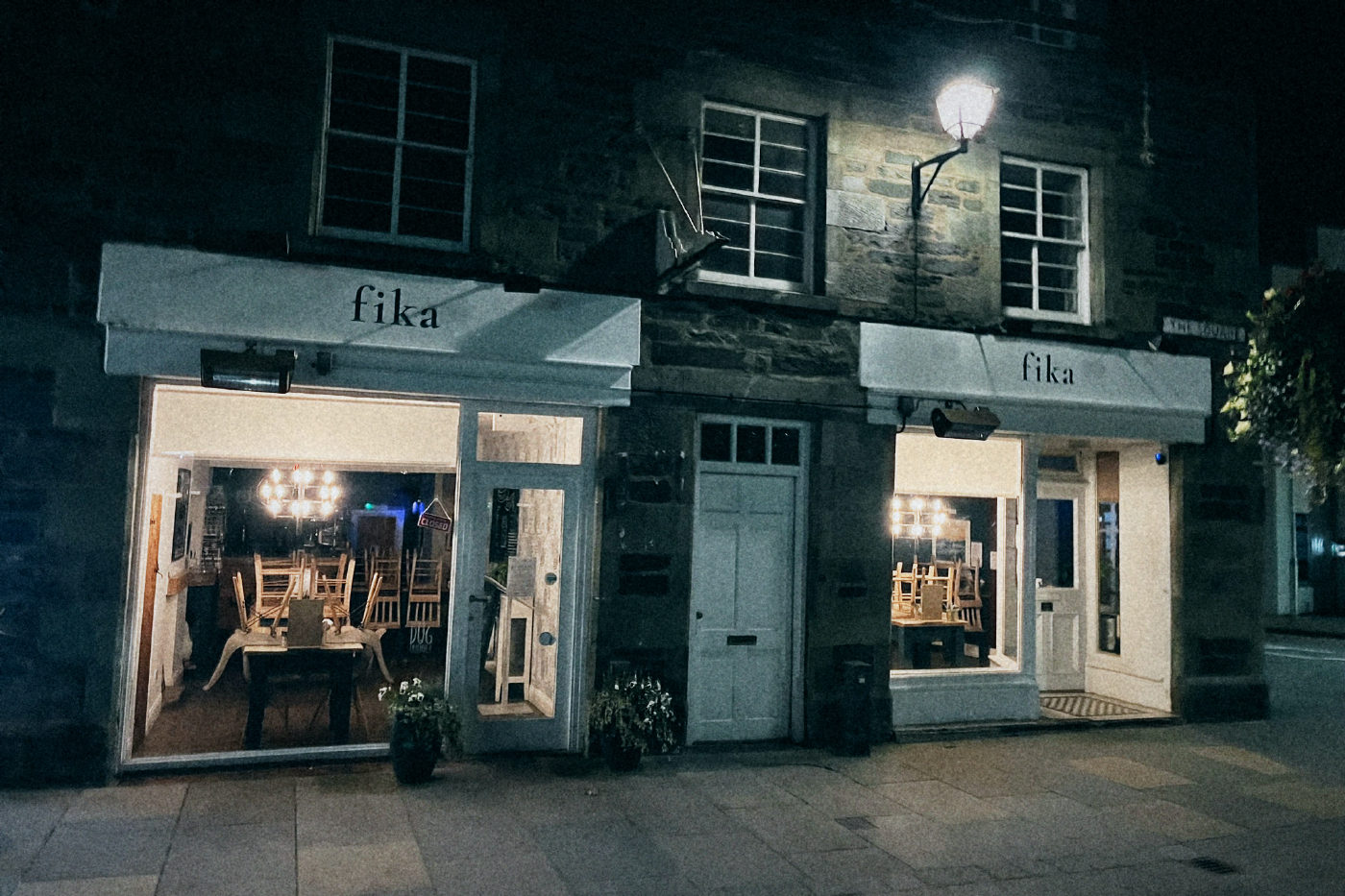 Cafe Fika at night graded with tungsten-night