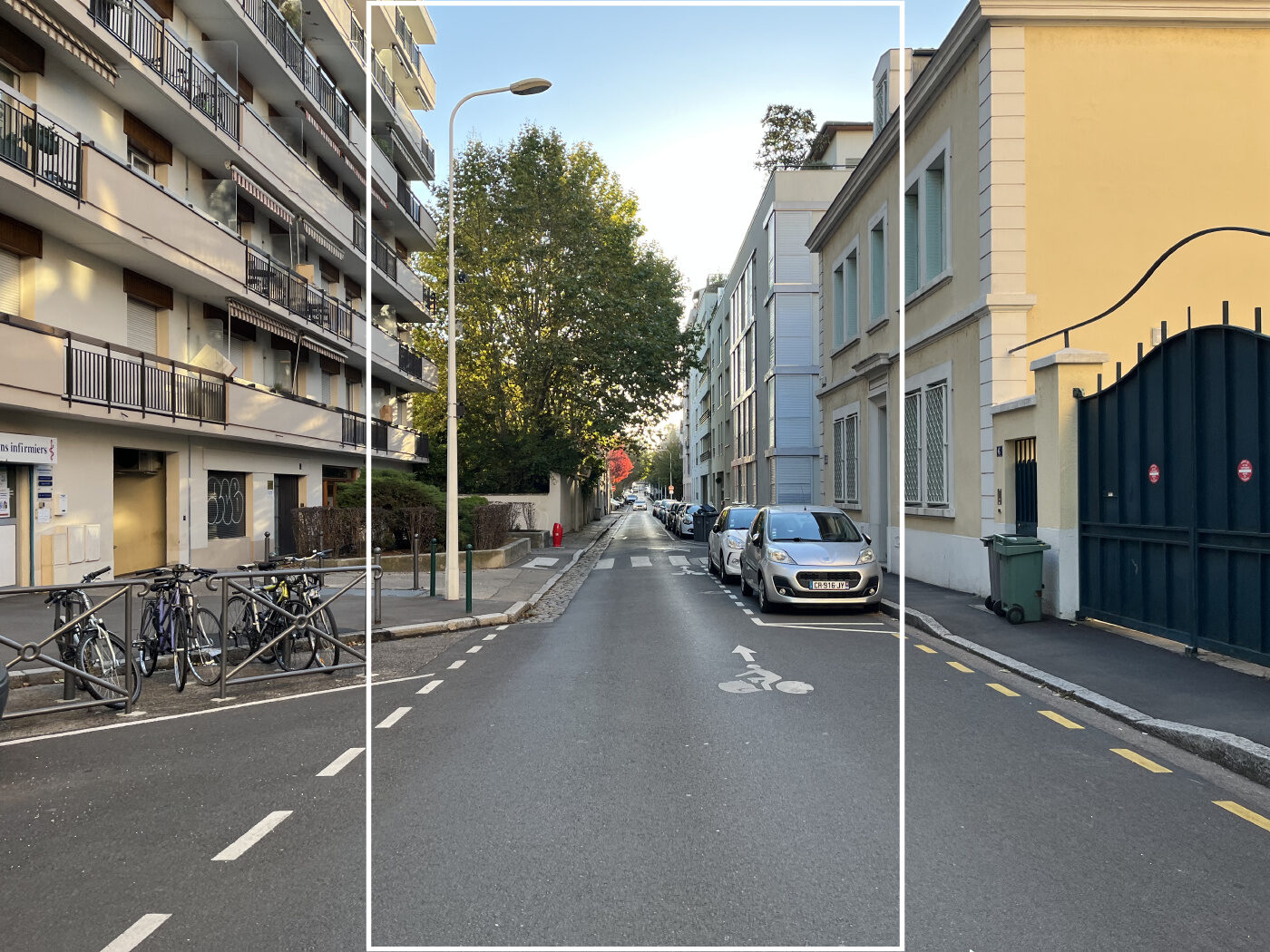 Full 4:3 landscape street photo in Lyon with the 9:16 crop box drawn on the vanishing point